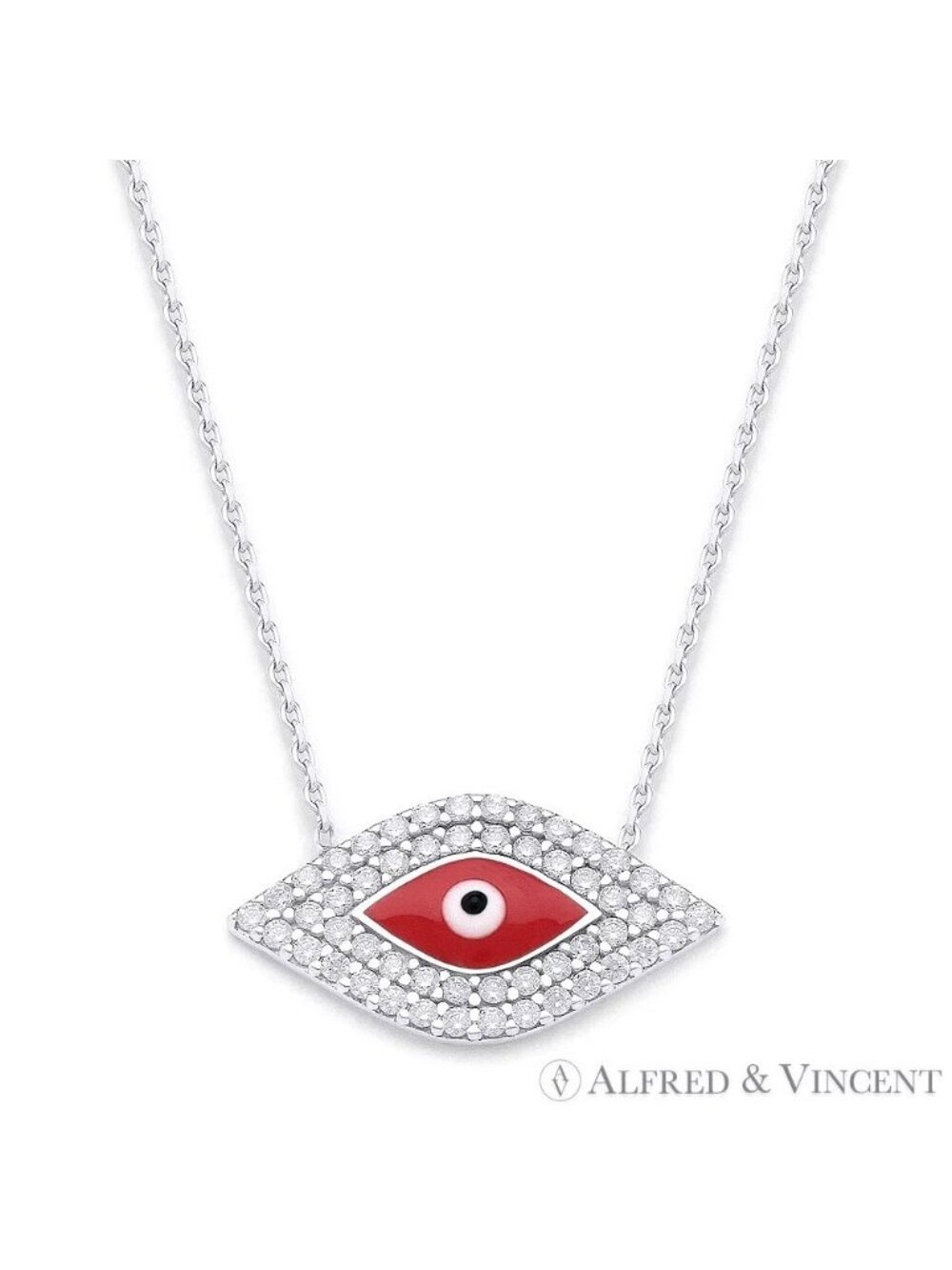 Evil Eye Bead Charm Necklace w/ CZ Crystals in .925 Sterling Silver w/ Rhodium